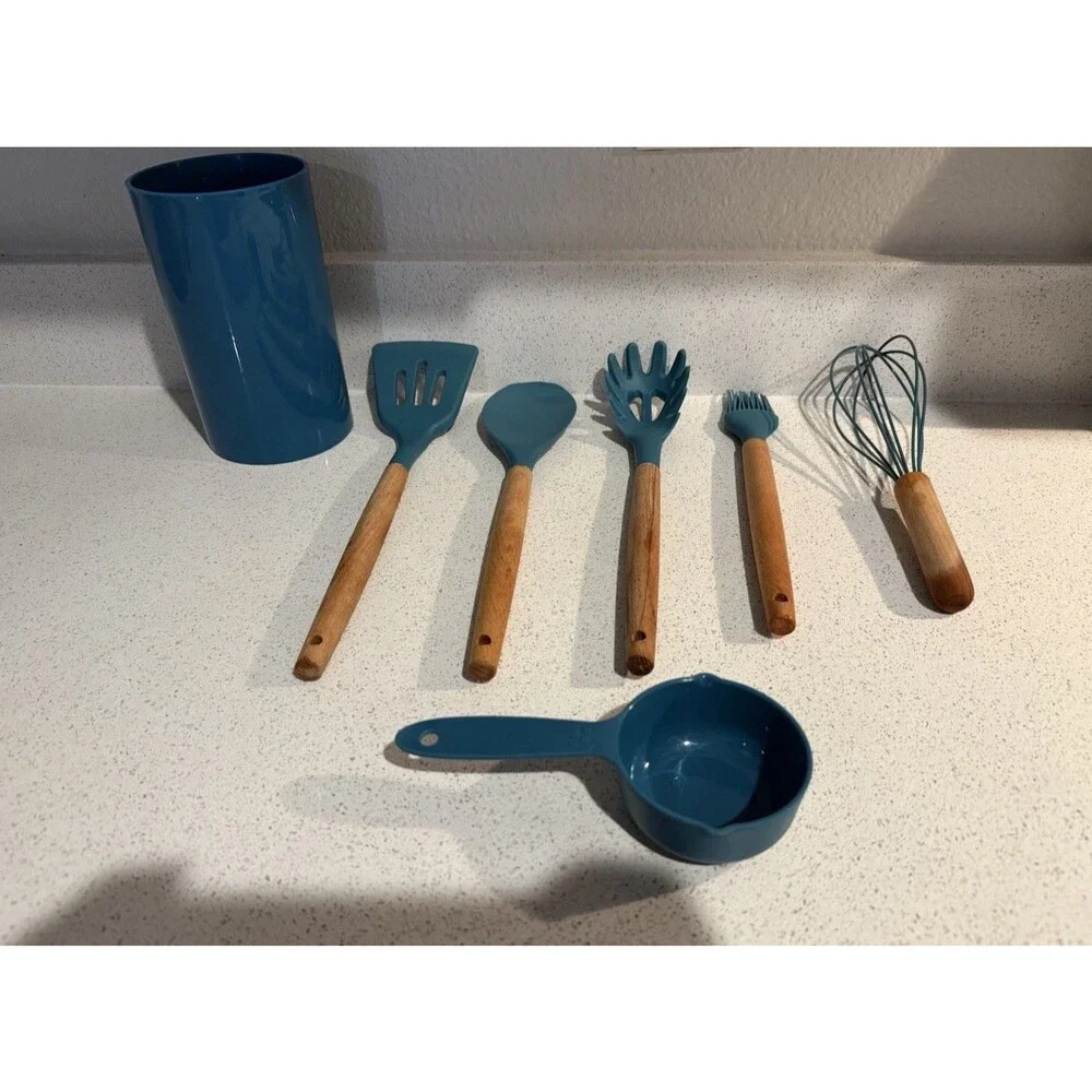 6 Silicone Cooking Utensils w/ Wooden Handles + 2 Pcs As Gift